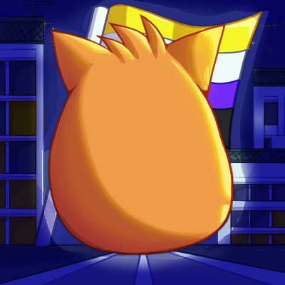 好ヲの自画像イラスト。巨大なオレンジ色の生物がノンバイナリーフラッグを携えて夜の街に出現している