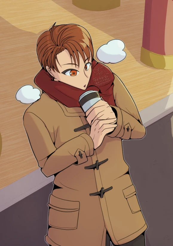 茶髪の青年がキャラメル色のダッフルコートと赤色のマフラーをしているイラスト。寒そうな神社の境内でホットドリンクを両手で持って飲もうとしている。