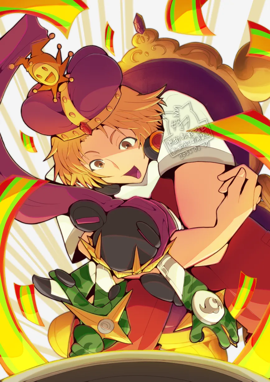 ペルソナ4リバイバルのファンアート。ジャックフロストの装飾が付いた王冠を被った陽介がぬいぐるみサイズのジライヤを抱えて豪華な椅子に座っている。手前にあるアナログテレビから黄色いリボンのような光が沢山あふれていて、それを陽介とジライヤが驚きと期待の表情で視聴している。